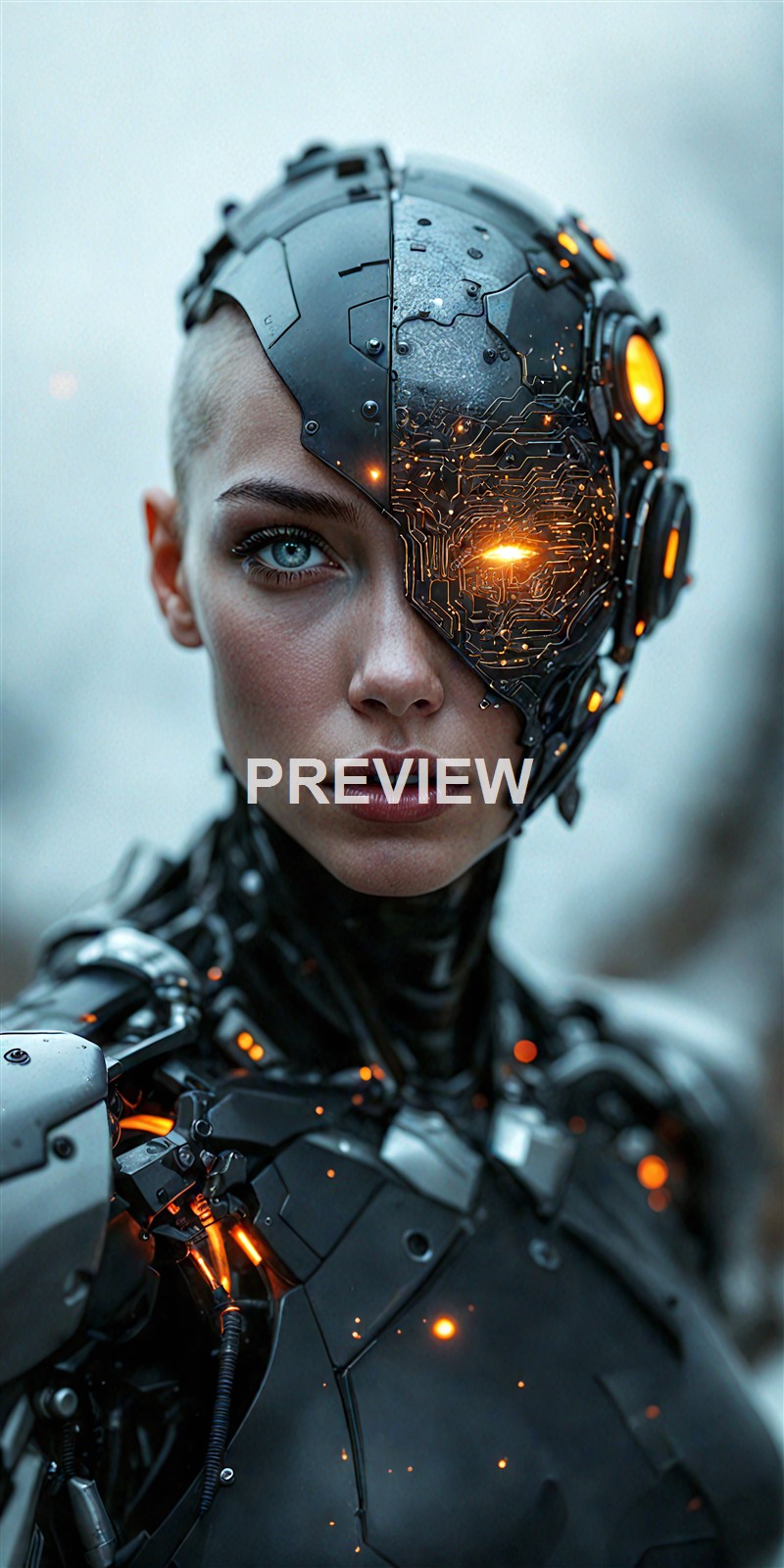 A woman with a cybernetic, robotic half-face and body, featuring glowing orange lights and intricate metallic components, staring directly at the camera.